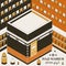 Hajj Mabrur Islamic background isometric. Greeting card with Kaaba, traditional lanterns, mosque and garlands