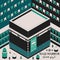 Hajj Mabrur Islamic background isometric. Greeting card with Kaaba, traditional lanterns, mosque and garlands