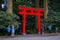 HAKONE, JAPAN - JULY 02, 2017: Unidentified people at the enter of red Tori Gate at Fushimi Inari Shrine in Kyoto, Japan