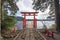 Hakone Jinja Heiwa no Torii with lake in Hakone old town, Kanagawa, urban city in Japan. Architecture landscape background