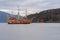 Hakone pirate ship or boat, Hakone Jinja Heiwa no Torii with lake in Hakone old town, Kanagawa, urban city in Japan. Architecture