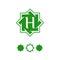 Halal abstract symbol template. Vector green color octagonal star logo with letter H inside.