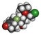 Halcinonide topical corticosteroid drug molecule. 3D rendering. Atoms are represented as spheres with conventional color coding: