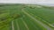 Haldbjerg, Denmark - may 21 2022: Aerial view, motorcycle rides on empty country road that runs near a farmer`s fields.