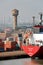 Haldia, India, October, 27, 2020.  Seagoing vessels, tugboats at the port under cargo operations and underway. Close-up view of sh