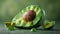 Half avocado low poly illustration with wireframe triangular cut exotic fruit, avocado pulp and pit, tropical