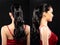 Half body of Asian beautiful woman wear red evening sequin gown, 360 front side back rear