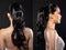 Half body of Asian beautiful woman wear white evening sequin gown, 360 front side back rear