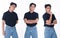 Half body Figure snap of 20s Asian Tanned skin man black hair shirt, jeans, . Handsome