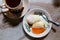 Half boiled eggs and coffee, popular and nutritious Chinese style breakfast in Malaysia