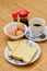 Half-boiled eggs with soy sauce and coffee and breads