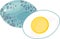 Half boiled quail egg and whole blue egg on white background