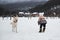 Half breed shepherd and Husky gets along well with child. Winter holidays in village in fresh air. Little girl in warm knitted hat