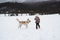 Half breed shepherd and Husky gets along well with child. Winter holidays in village in fresh air. Little girl in warm knitted hat