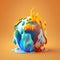 Half burning half melting globe on orange background created using generative ai technology