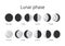 Half and circle moon phases. Astrology calendar of eclipse crescent. Full or quarter moonlight. Waning lunar shapes