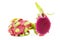 Half cut and whole dragon fruit on white background, red pitaya isolated