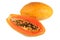 Half cut and whole papaya fruits on white background