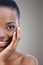 Half, face and portrait of black woman with beauty, makeup and skincare in salon, background or mockup. Happy, model and