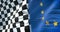 Half flags of checkered flag, end race and half European Union flag, europe sport formula one competition