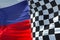 half flags of checkered flag, end race and half russia federation flag, russian sport formula one competition concept