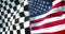 Half flags of checkered flag, end race and half united states of america usa flag, sport formula one competition