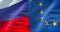 Half flags of Russia and half European Union flag, wind waving movement, crisis between russia and europe international meeting