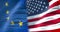 Half flags of united states of america and half European Union flag, crisis between usa american and europe international