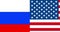 Half flags of united states of america and half russian flag with puzzle pieces background falling down on chroma key green