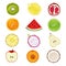 Half fruits. Apricot cherry strawberries peach healthy sliced natural food icon in circle shapes vector set