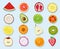 Half fruits circle icons. Cute cartoon healthy vegan natural products plants food orange lemon apple vector clipart set