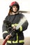 half-height portrait of fireman holds and adjust
