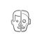 Half human half robot head hand drawn outline doodle icon.