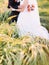 Half-length portrait of bride and groom posing in a sunflower sunny field. Wedding concept