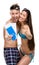 Half-length portrait of half-naked couple with airline tickets