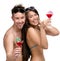 Half-length portrait of half-naked couple with cocktails