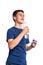 Half length  portrait of the young boy teenager  drinks water from a  glass bottle, isolated