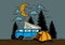 Half moon camping with campervan illustration