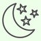 Half moon line icon. Night spooky crescent with stars outline style pictogram on white background. Halloween sign for