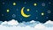 Half moon, stars and clouds on the dark night sky background. Paper art. Night scene background. Vector .