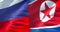 Half north korea flag and half russia federation flag, crisis state diplomacy and north korea for nuclear atomic bomb risk war