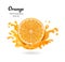 half orange front view fall into impact with orange juice causing a wide splash of water