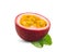 Half passion fruit with leaf isolated on the white background