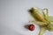 Half peeled cob sweet corn red apple flat lay on white table. Homegrown real organic vegetable and fruit not perfect look