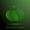 Half a polygonal green apple with a poly leaf, a cyber line. Vector illustration