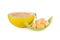 half and portion cut fresh yellow melon with stem on white background