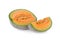 Half and portion cut ripe cantaloupe on white background