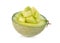 Half and portion cut ripe honeydew melon on white