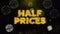 Half prices text on gold particles fireworks display.