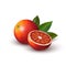  half of red colorful orange and whole round citrus fruit with green leaf on white background. Realistic colored juicy